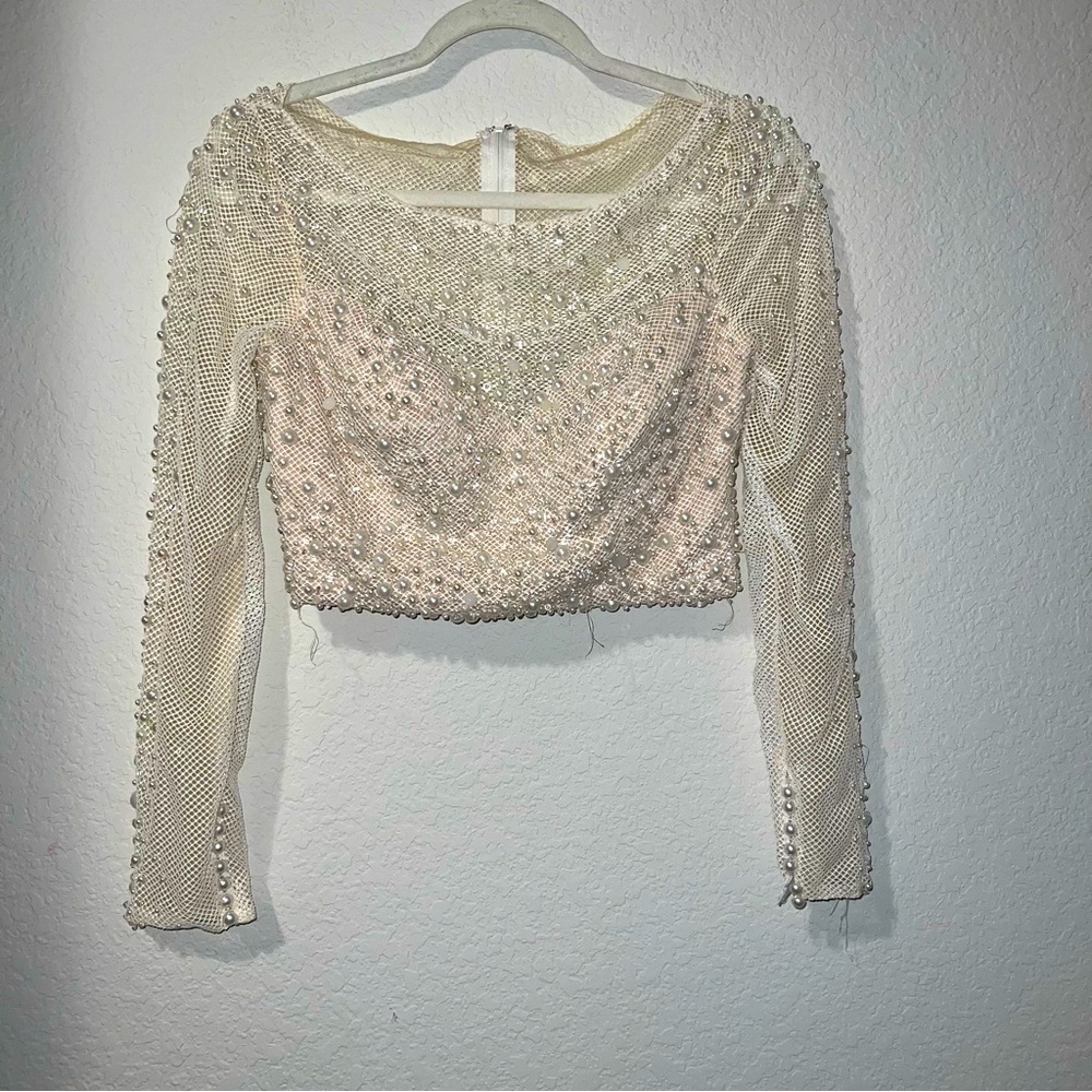 Camille La Vie beaded see through fish net long sleeve crop top